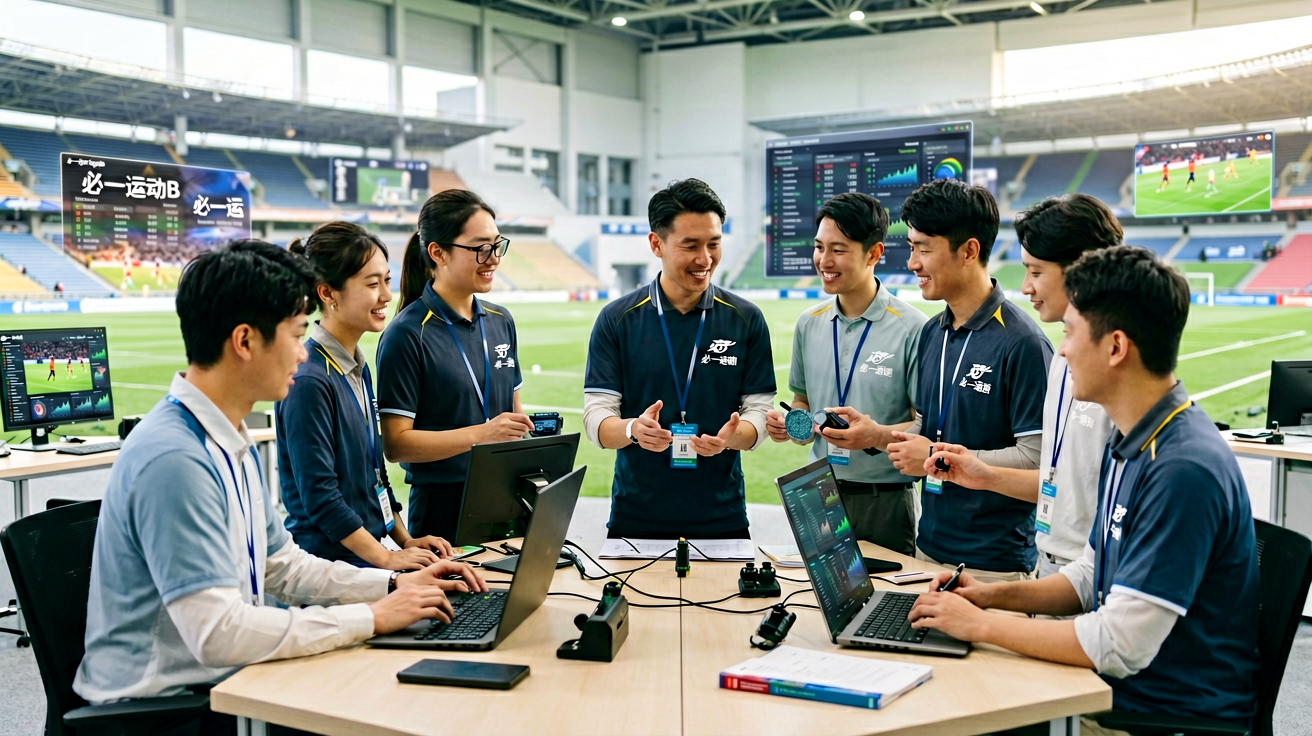 必一运动B-Sports团队在体育场馆进行赛事数据采集和直播工作的场景